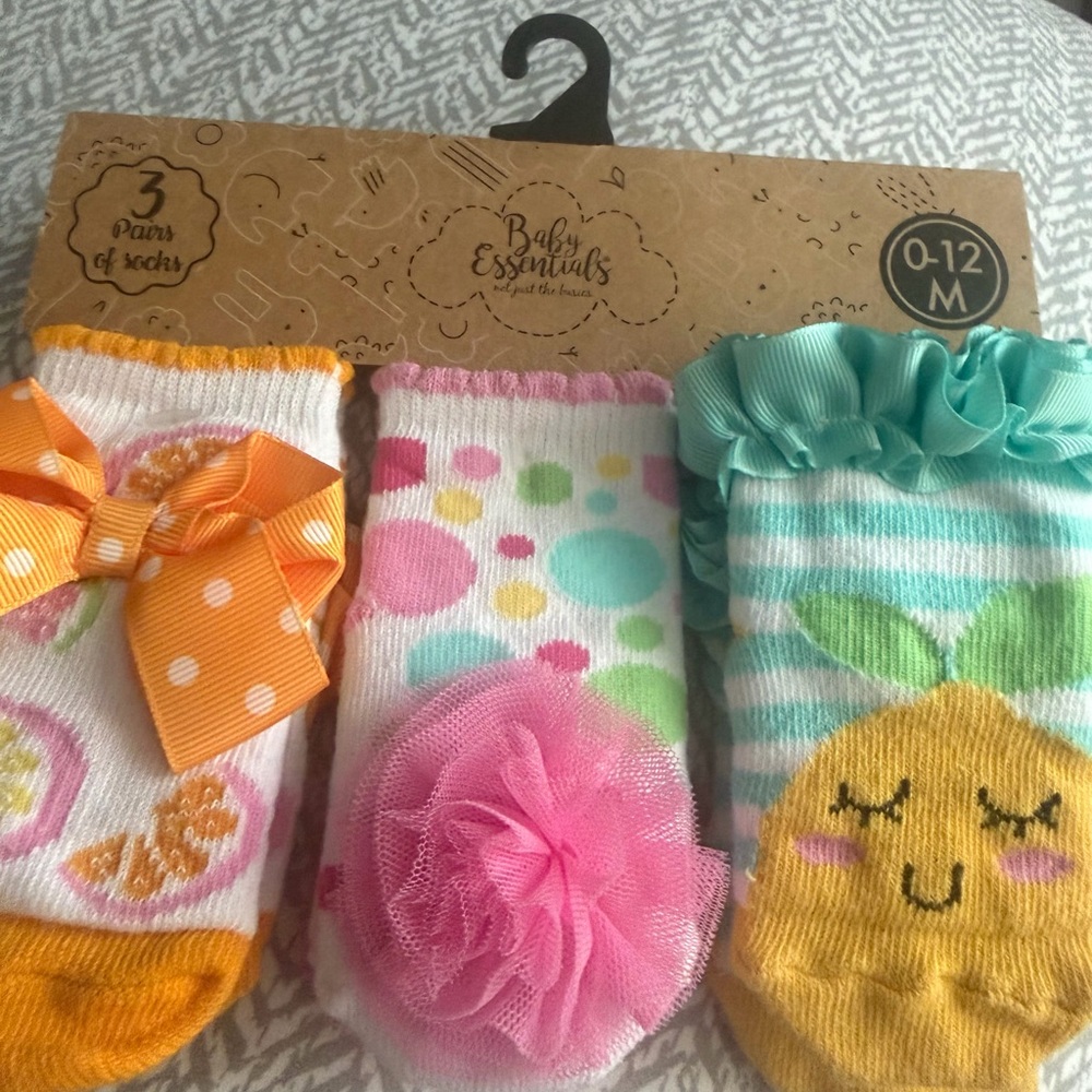 Baby Essentials Girls 3-Pack Ruffle Socks - Yellow, Pink, Aqua
